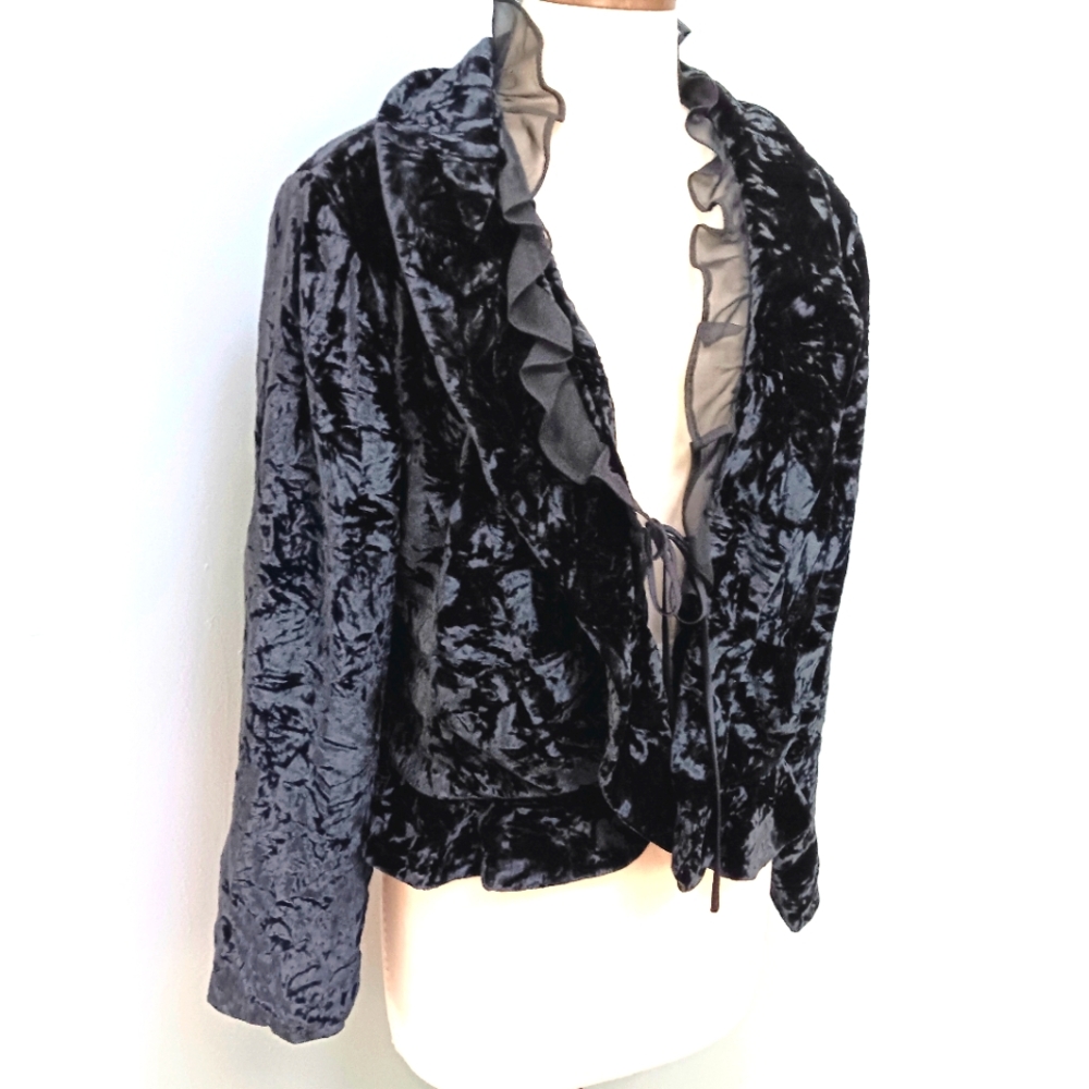 Vintage Y2K crushed velvet jacket with ruffle trim. Focus 2000. Size 14 - Picture 2 of 11